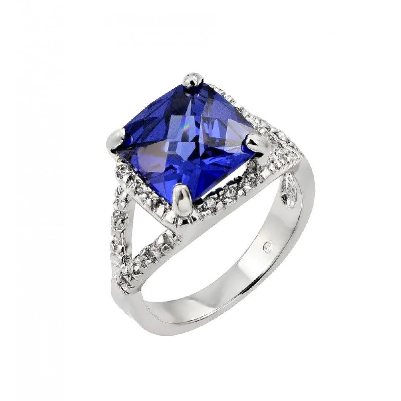 Ladies rings handmade craft pieces-Silver 925 Rhodium Plated Blue Princess Cut Center and Clear CZ Ring - BGR00771