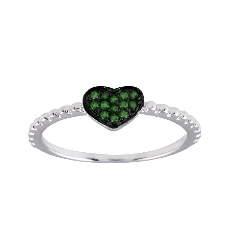 Ladies rings jewelry care tips-Rhodium Plated 925 Sterling Silver Beaded Heart Green CZ Ring - BGR01245GRN