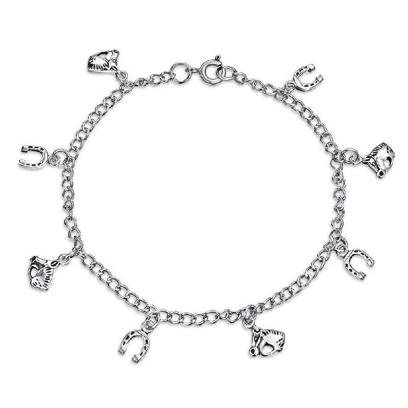 Ladies bracelets latest fashion trends-Good Luck Horseshoe Horses Charm Bracelet Pave CZ .925 Sterling Silver