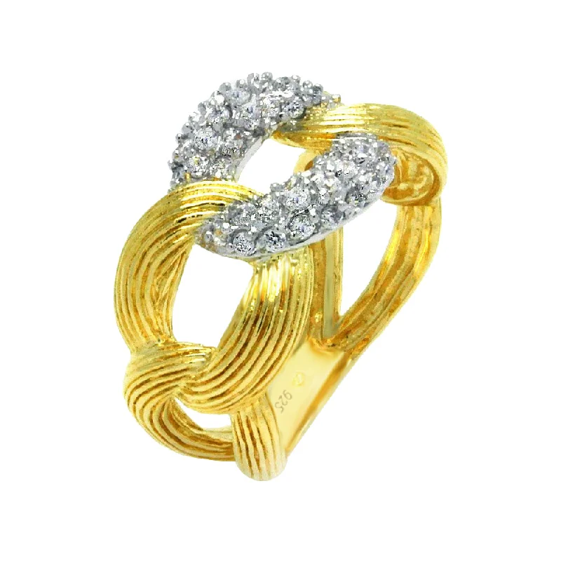 Ladies rings 2025 style trends-Silver 925 Rhodium and Gold Plated 2 Toned Clear CZ Link Ring - BGR00357