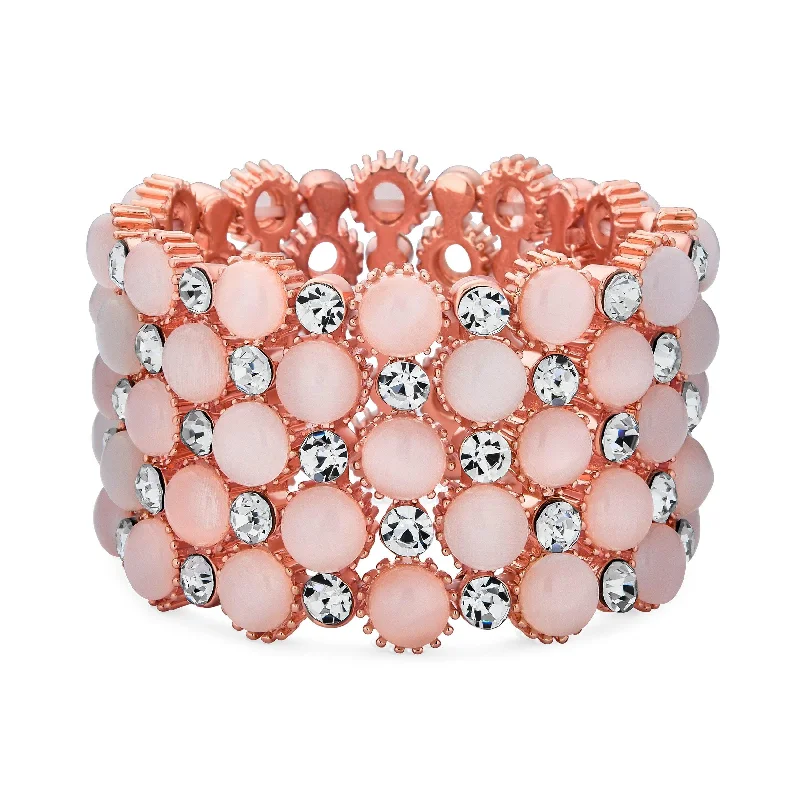 Ladies bracelets expressionist designs-Holiday Fashion Pink Cats Eye Crystal Stretch Bracelet Rose Gold Plated Cuff