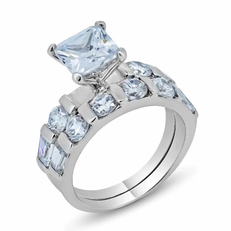 Ladies rings organic shape designs-Silver 925 Rhodium Plated Clear CZ Square Ring - BGR00093