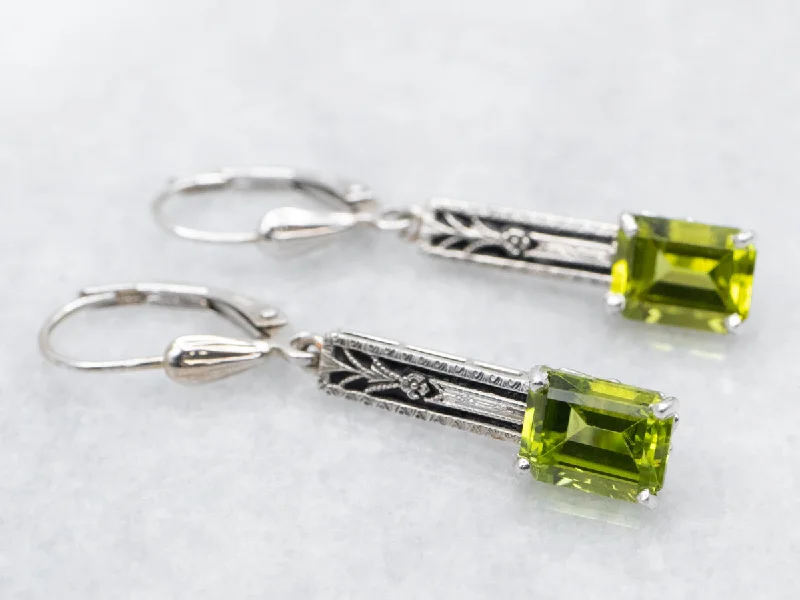 Ladies earrings nature-inspired patterns-Black Enamel Peridot Filigree Bar Drop Earrings