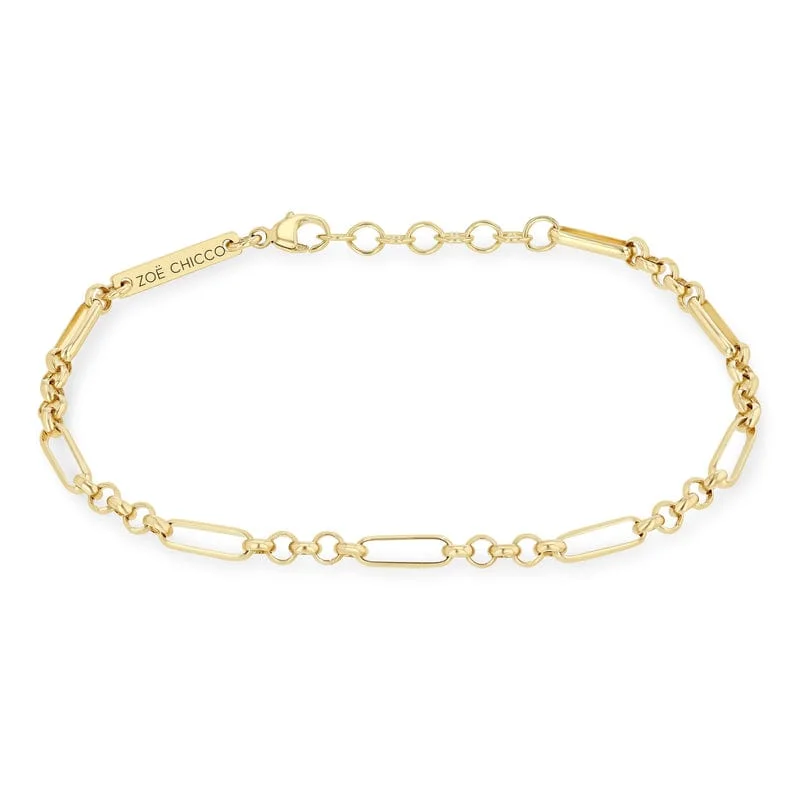 Ladies bracelets comfort fit designs-14k Gold Medium Mixed Paperclip Rolo Bracelet