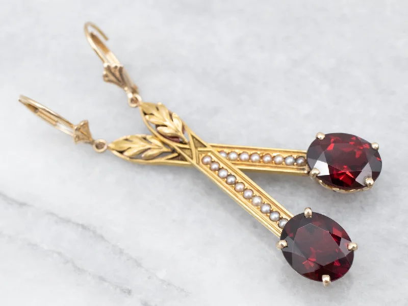 Ladies earrings embossed design earrings-Gleaming Yellow Gold Garnet and Seed Pearl Drop Earrings