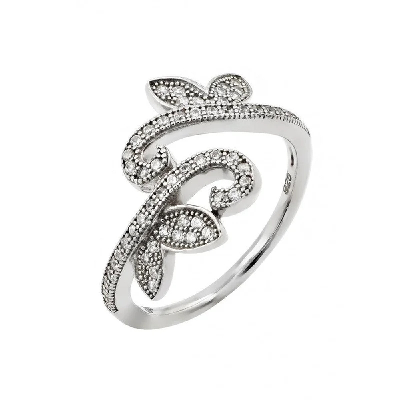 Ladies rings fabric wrap designs-Silver 925 Rhodium Plated Pave Set Clear CZ Leaf Vine Ring - GMR00007