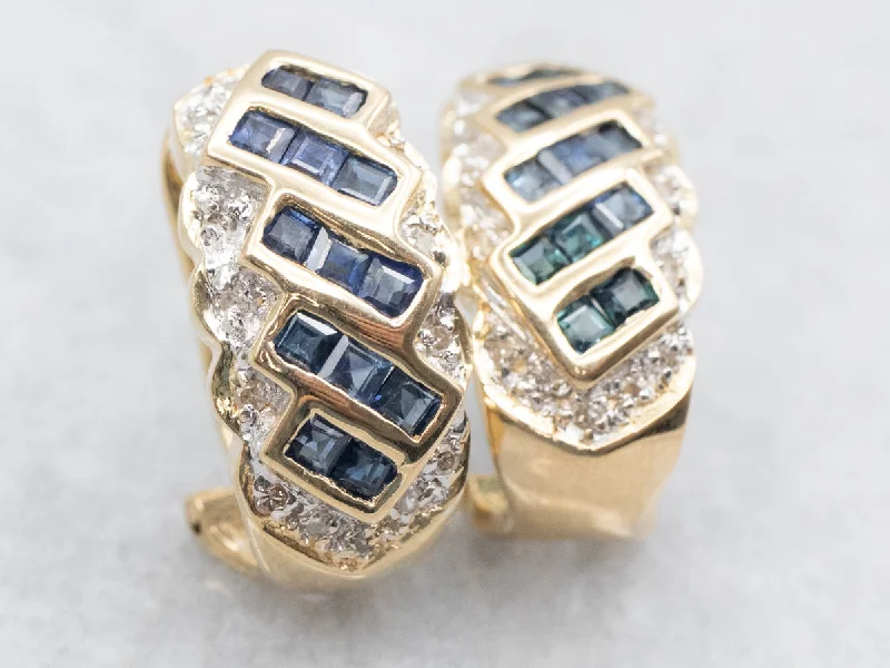 Ladies earrings ideal proposal gifts-Modern Gold Sapphire and Diamond Drop Earrings