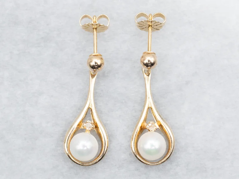 Ladies earrings prong set designs-Saltwater Pearl and Diamond Drop Earrings