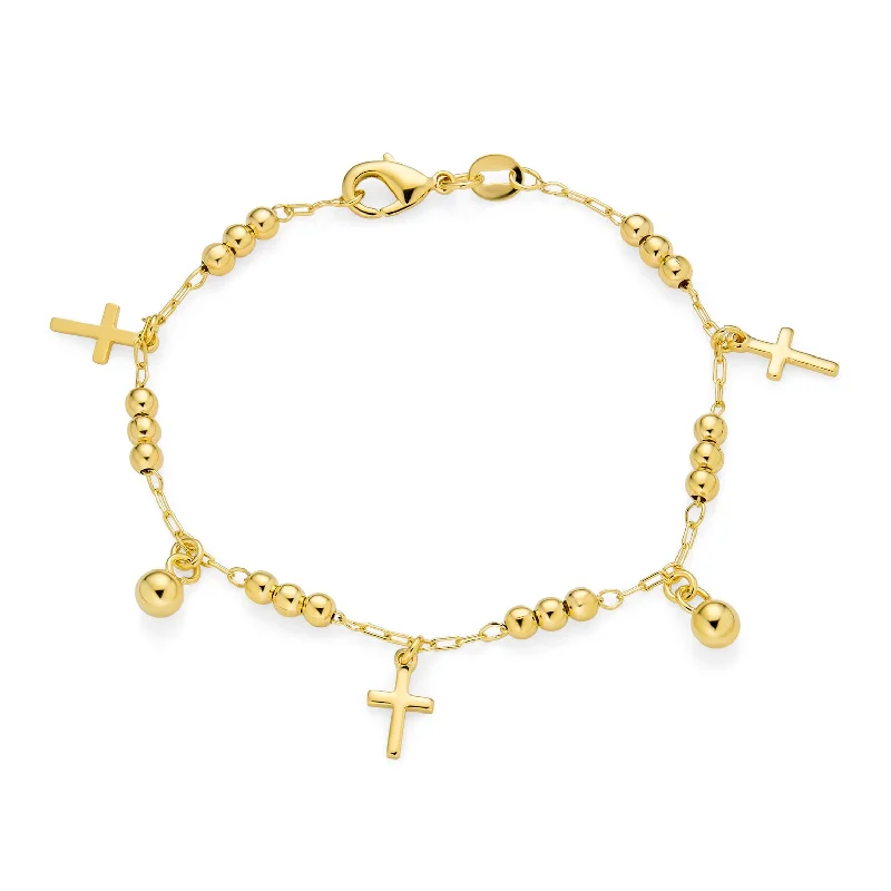 Ladies bracelets adjustable fit options-Christian Religious Beads Charm Cross Bracelet 18K Gold Plated Brass 7.5 Inch