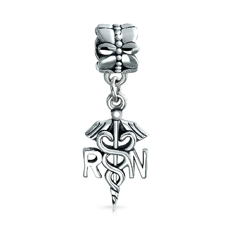 Ladies bracelets pointed tip styles-RN Nurse Hat Caduceus Dangle Charm Bead Sterling Silver for European Bracelet