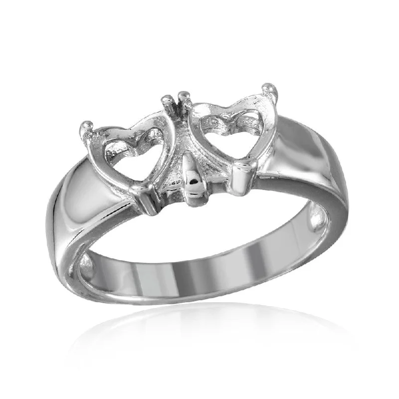 Ladies rings anniversary special designs-Silver 925 Rhodium Plated Double Heart Mounting Ring - BGR00502