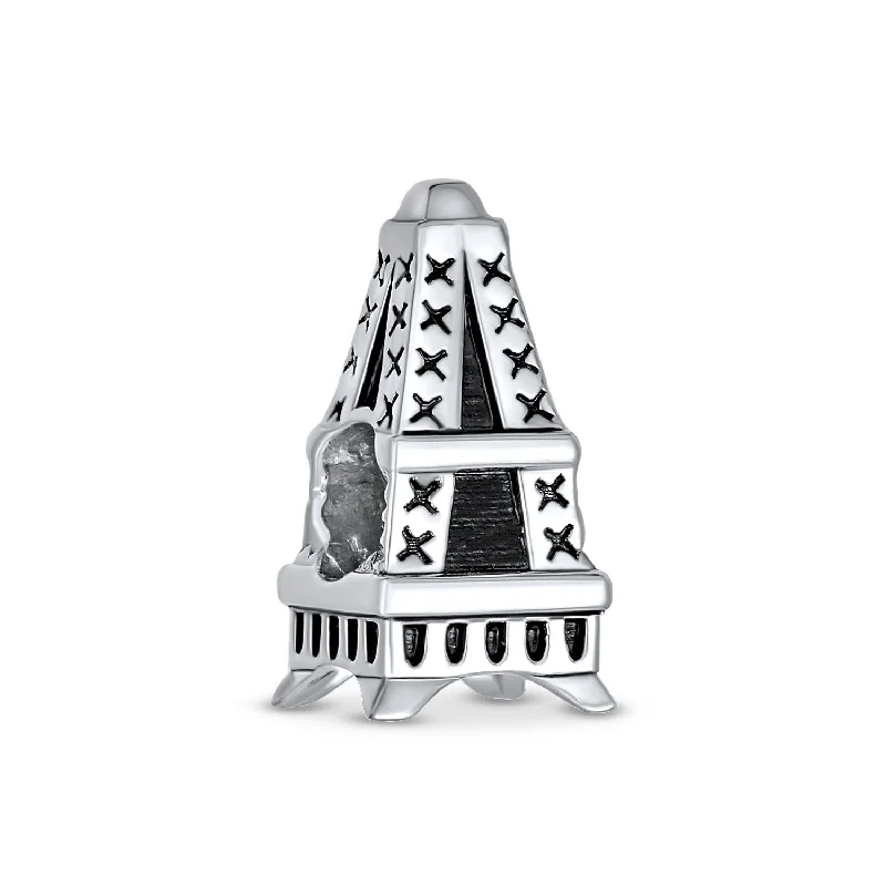 Ladies bracelets natural stone designs-Eiffel Tower Charm Bead in Oxidized Sterling Silver for European Bracelets