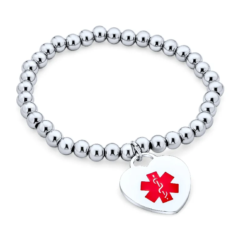 Ladies bracelets platinum luxury bracelets-Medical ID Bracelet with Heart Charm and Stretchable Stainless Steel Tag