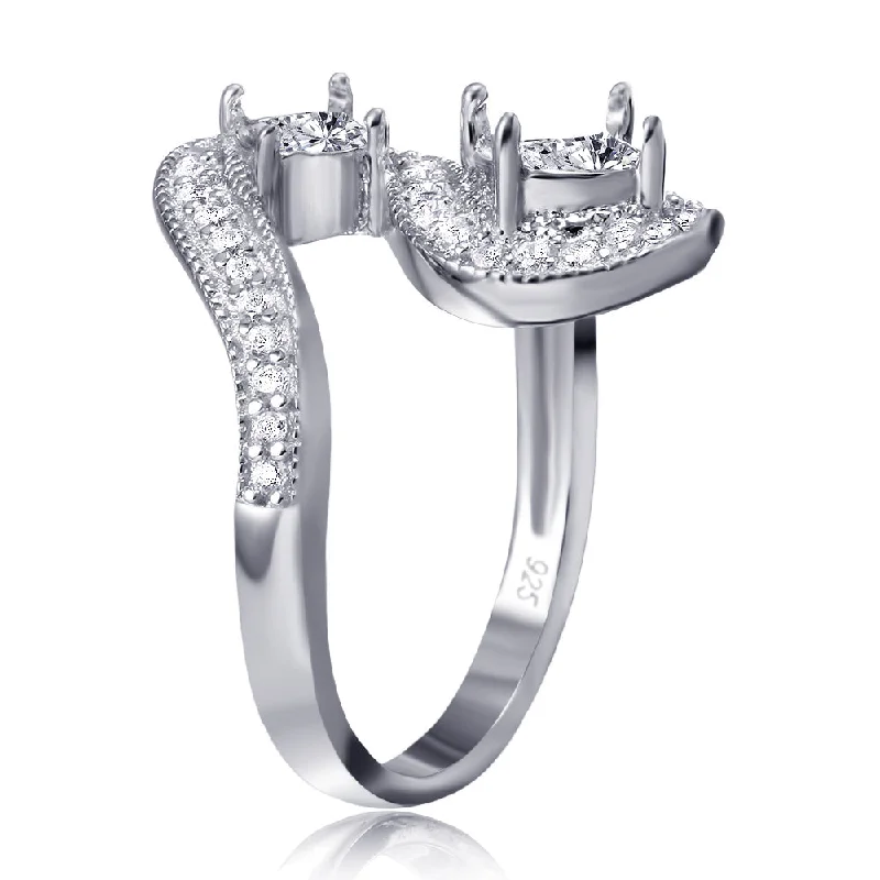 Ladies rings Chinese symbol designs-Silver 925 Rhodium Plated Wave CZ Mounting Ring - BGR00812