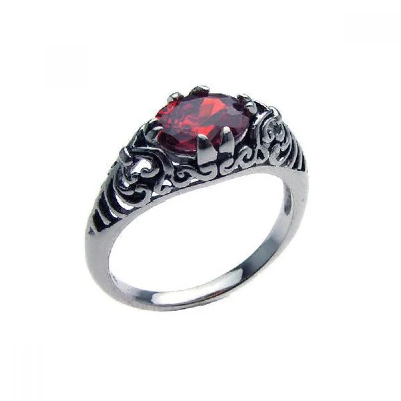 Ladies rings Edwardian charm rings-Silver 925 Oxidized Rhodium Plated Red CZ Antique Ring - STR00611