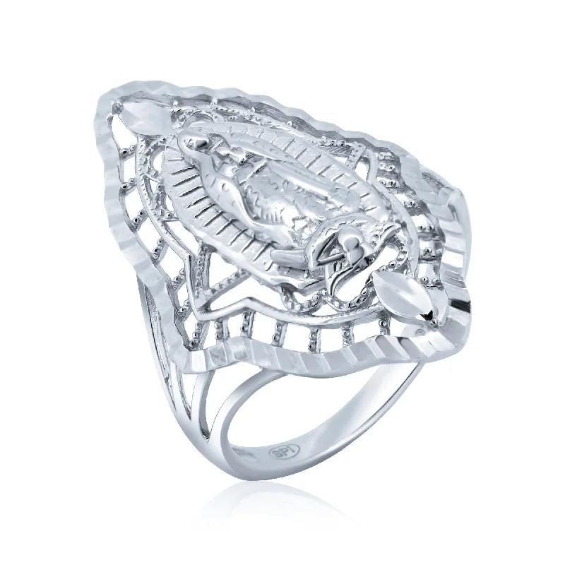 Ladies rings mixed metal finishes-Silver Rhodium Plated Diamond Cut Filigree Guadalupe CZ Ring - GMR00364