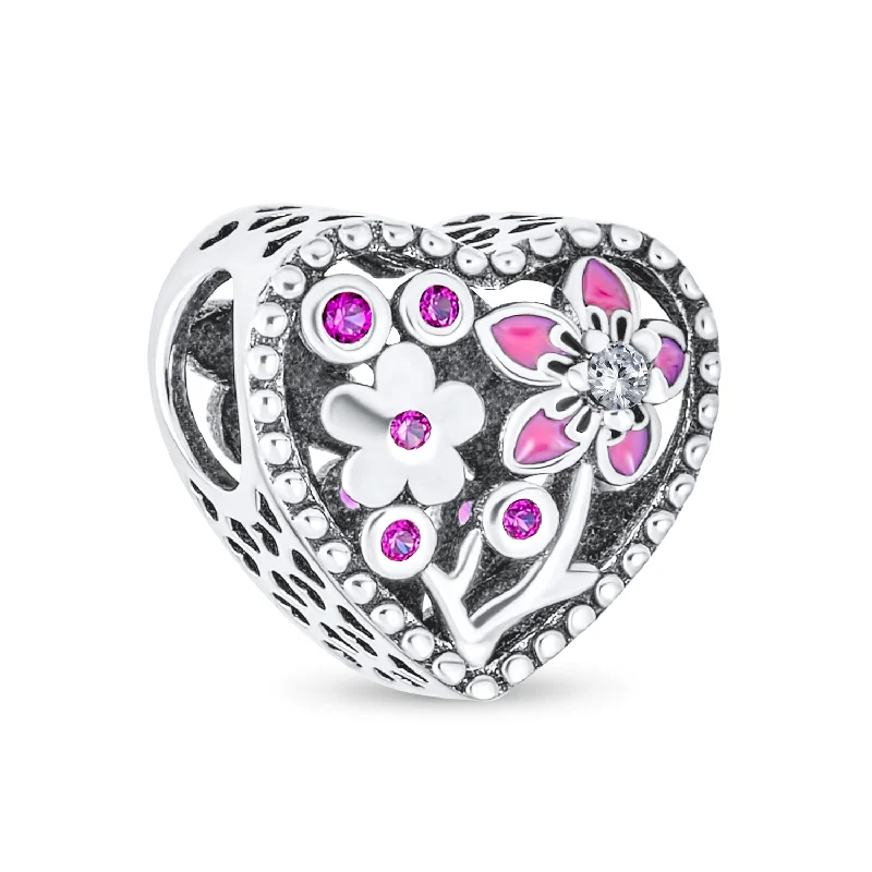 Ladies bracelets fixed gem designs-Valentine CZ Accent Pink Red Enamel Flower Heart Charm Bead for Bracelets