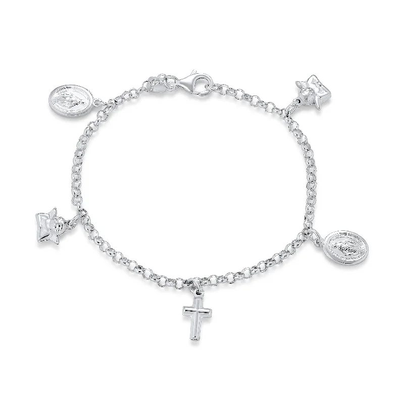 Ladies bracelets promise bracelet options-Multi Charm Religious Anklet Ankle Bracelet Sterling Silver 10" with Crosses & Cherub