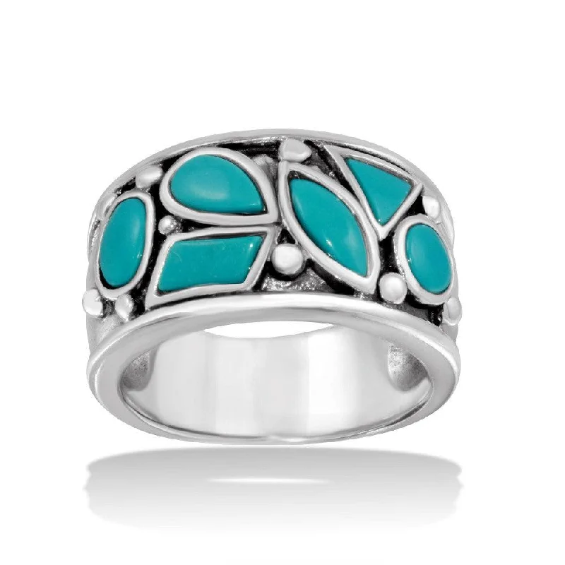 Ladies rings travel-friendly designs-High Polished 925 Sterling Silver Turquoise Stones Ring - CR00726