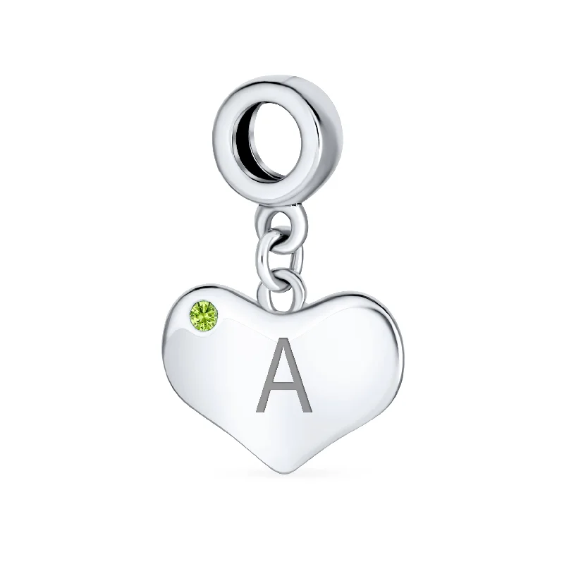 Ladies bracelets muted tone bracelets-Initial Alphabet Bead Charm Lime Green Peridot Heart Dangle for European Bracelet