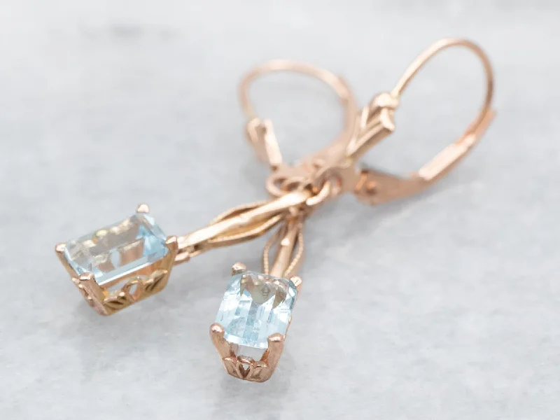 Ladies earrings conflict-free gemstones-Rose Gold Emerald Cut Blue Topaz Drop Earrings