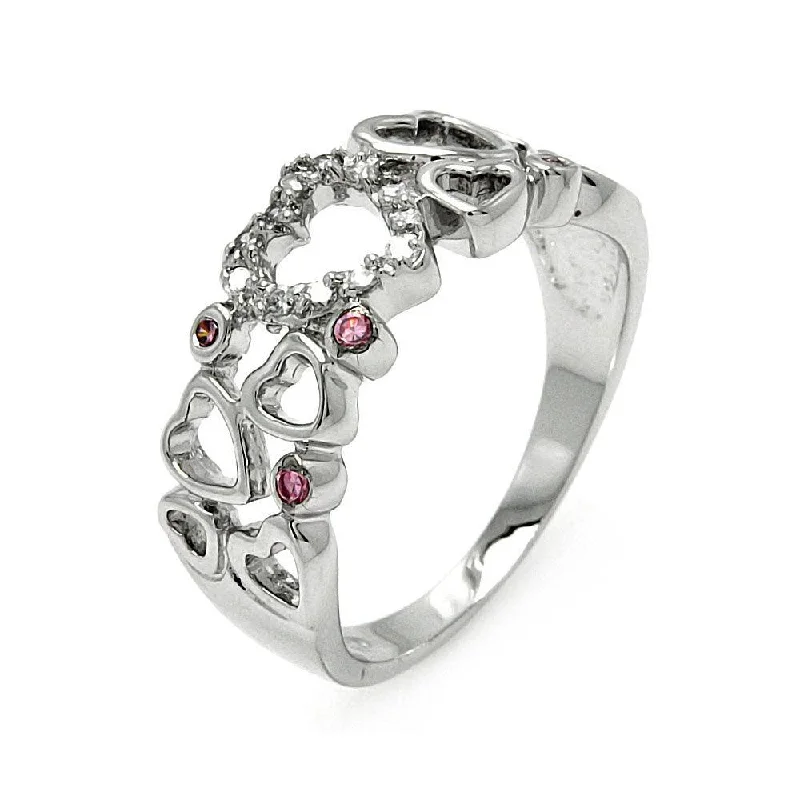 Ladies rings engraved name designs-Silver 925 Rhodium Plated Clear and Pink CZ Multi Heart Ring - BGR00587