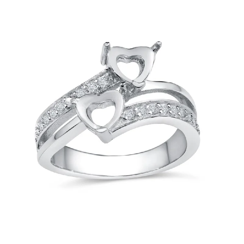 Ladies rings Thai intricate rings-Rhodium Plated 925 Sterling Silver Double Heart Ring with CZ - BGR01021