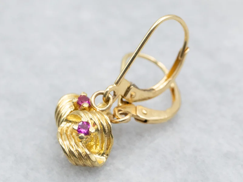 Ladies earrings pointed tip styles-Gold Ruby Twist Drop Earrings