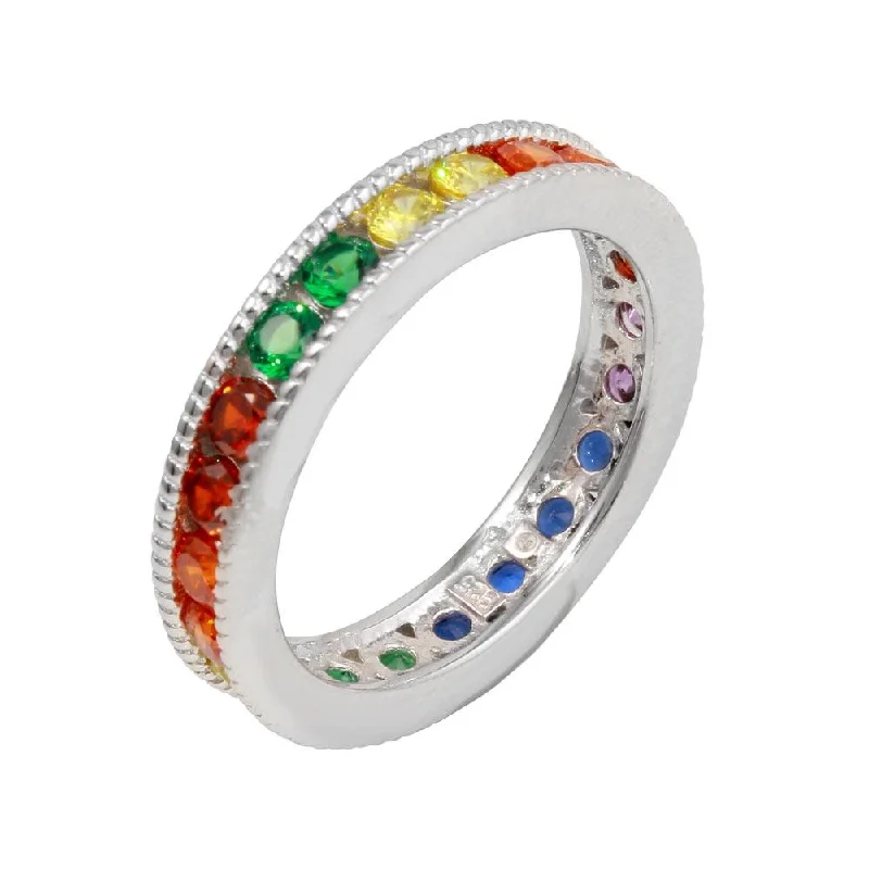 Ladies rings tight fit designs-Rhodium Plated 925 Sterling Silver Rainbow CZ Eternity Ring - BGR01244