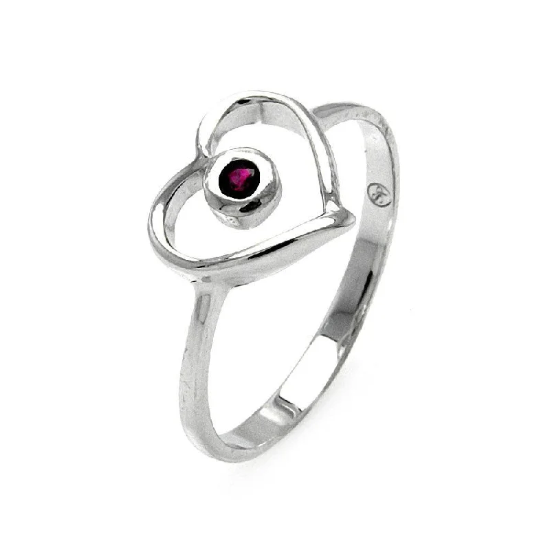 Ladies rings movable stone rings-Silver 925 Rhodium Plated Small Red CZ Open Heart Ring - STR00900