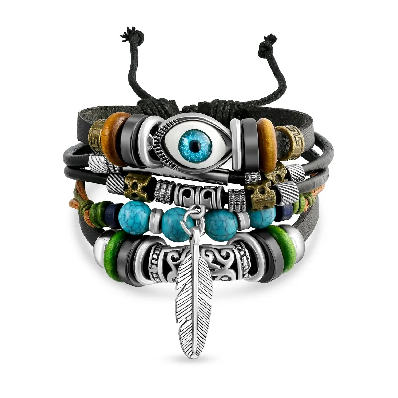 Ladies bracelets earthy tone designs-Boho Leaf Brown Leather Wrap Bracelet with Turquoise Beads and Feather Charm