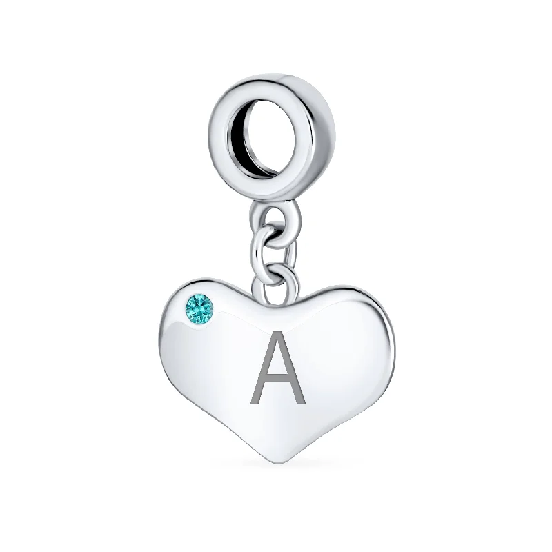 Ladies bracelets birth month designs-Initial Alphabet Bead Charm Aqua Blue Crystal Heart Dangle for Silver Bracelet