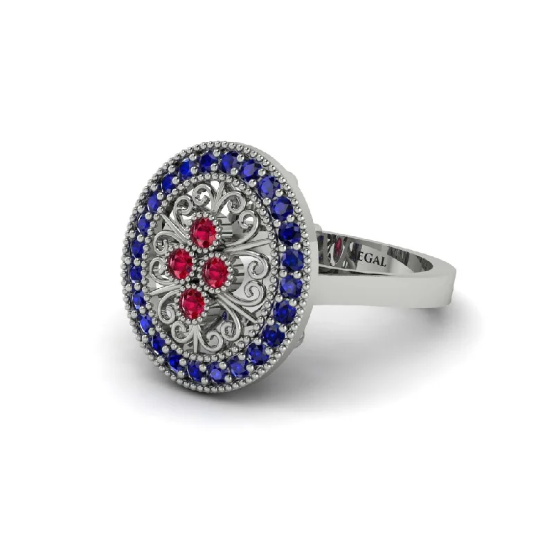 Ladies engagement rings red diamond styles-Ruby Vintage Victorian Floral Halo Engagement Ring - Nina No. 72