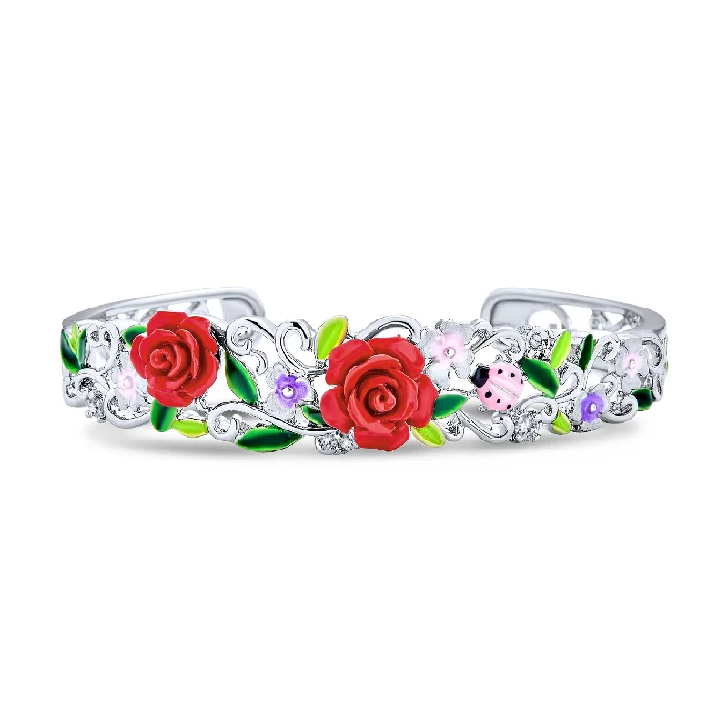 Ladies bracelets metallic sheen styles-Ladybug Floral Bouquet Red Rose Cuff Bracelet in Silver Filigree Design