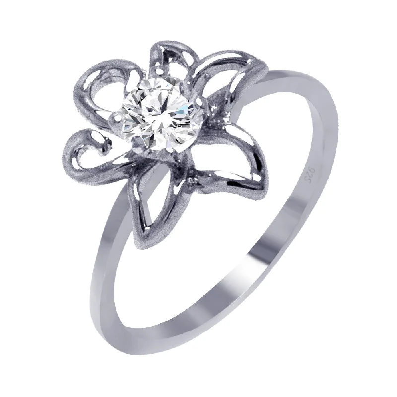 Ladies rings promise ring options-Silver 925 Rhodium Plated Clear Round Center CZ Flower Outline Ring - BGR00395