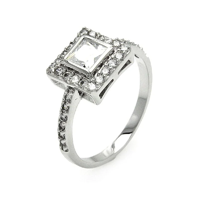 Ladies rings pop art rings-Silver 925 Rhodium Plated Clear Cluster CZ Square Bridal Ring - BGR00572