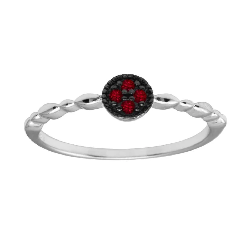 Ladies rings two-tone ring designs-Rhodium Plated 925 Sterling Silver Round Shape 4 Red CZ Ring - BGR01228RED