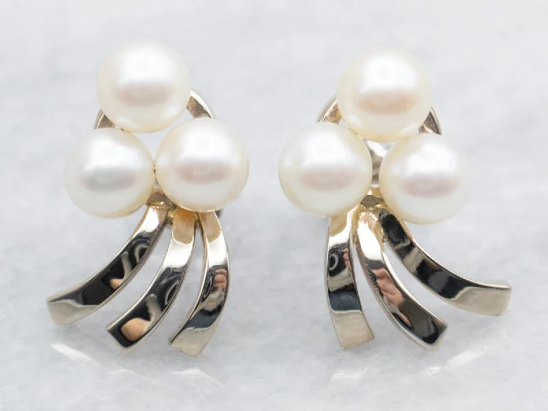 Ladies earrings spinning stud styles-White Gold Pearl Stud Earrings