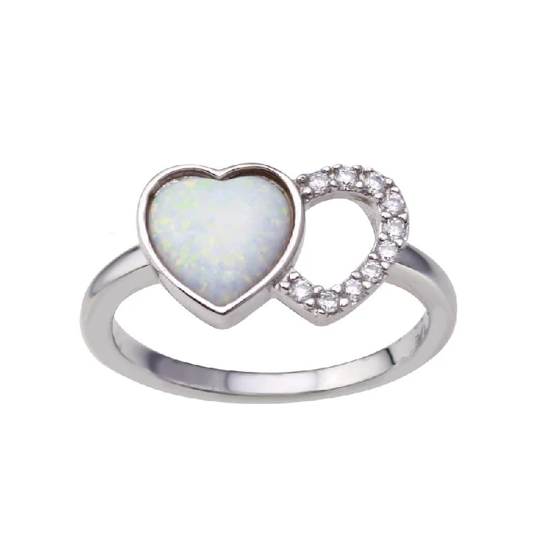 Ladies rings creative artistic styles-Rhodium Plated 925 Sterling Silver 2 Open Heart Simulated Opal and Clear CZ Ring - BGR01354