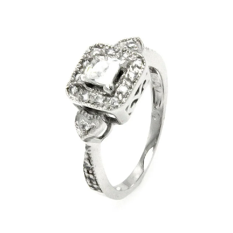 Ladies rings modern art rings-Silver 925 Rhodium Plated Clear Cluster CZ Square Heart Bridal Ring - BGR00470