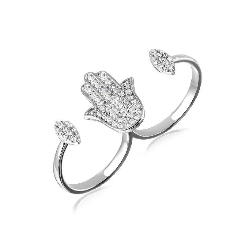 Ladies rings sunken gem designs-Silver 925 Rhodium Plated CZ Hamsa Hand Double Ring - GMR00102