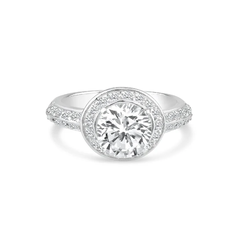 Ladies rings asymmetrical design picks-Silver 925 Rhodium Plated Clear Micro Pave Set and Round Center CZ Bridal Ring - BGR00737