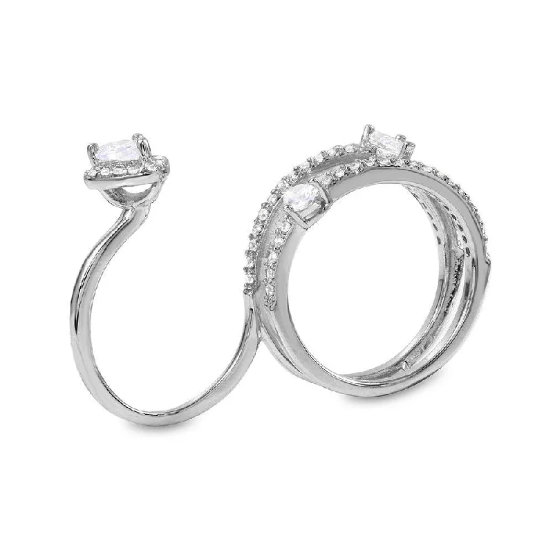 Ladies rings infinity symbol designs-Silver 925 Rhodium Plated 2 Finger Teardrop CZ Ring - GMR00132