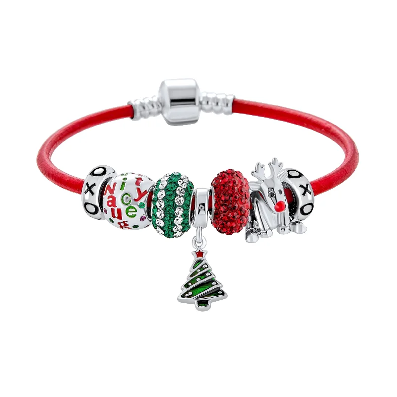 Ladies bracelets Celtic knot bracelets-Christmas Tree Charm Bracelet with Rudolf Reindeer & Red Leather Sterling Silver Clasp