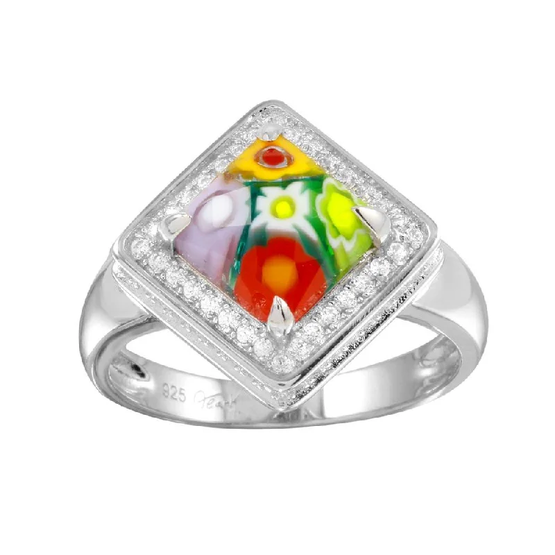 Ladies rings pastel tone styles-Rhodium Plated 925 Sterling Silver Square Halo CZ Murano Glass Ring - MR00009