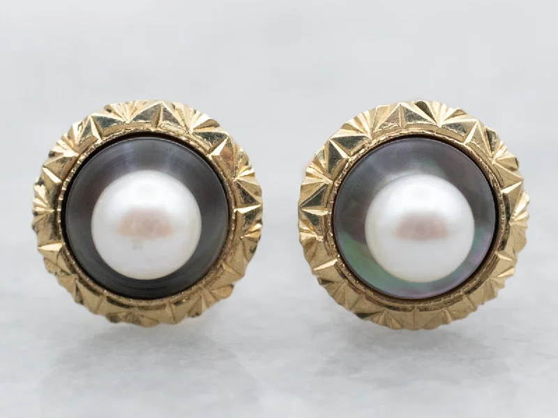 Ladies earrings five-stone designs-Yellow Gold Pearl and Mother of Pearl Stud Earrings