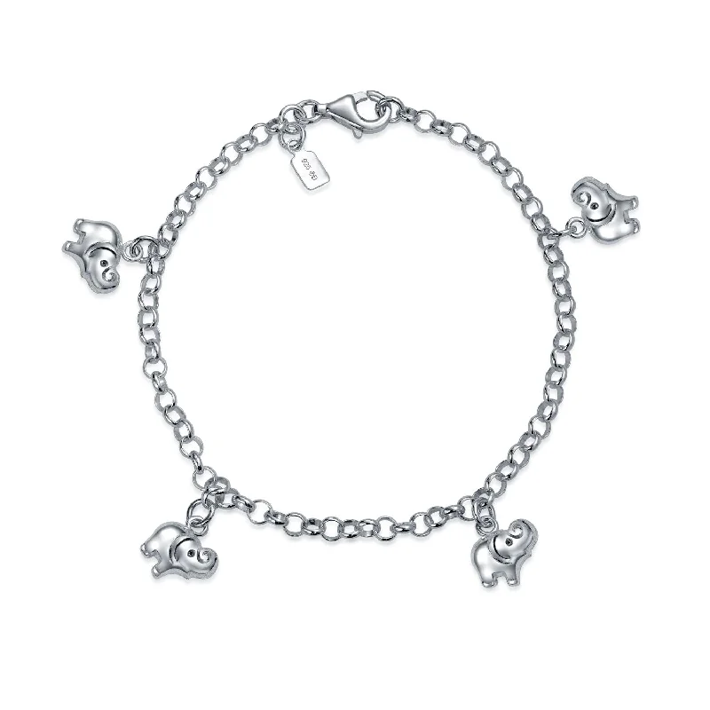 Ladies bracelets bold silver designs-5 Dangling Good Luck Elephant Charm Bracelet .925Sterling Silver