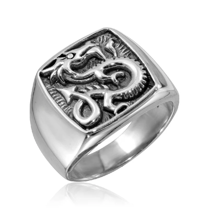 Ladies rings milestone marker rings-High Polished 925 Sterling Silver Square Dragon Ring - CR00797