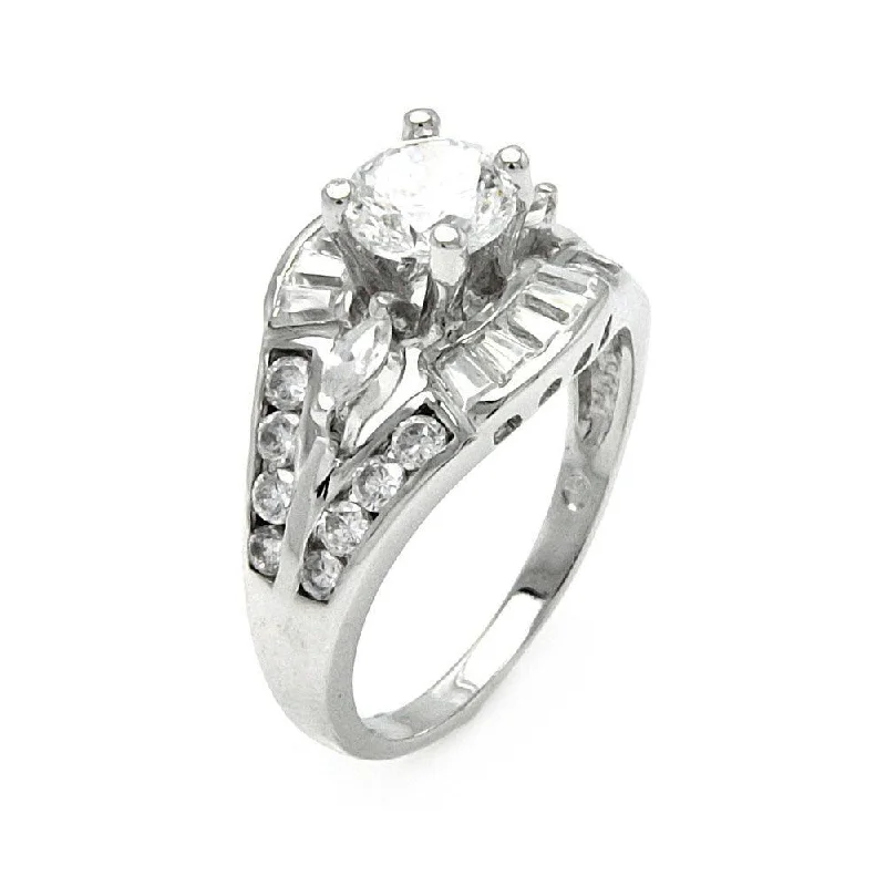 Ladies rings oversized bold rings-Silver 925 Rhodium Plated Clear Round and Baguette CZ Bridal Ring - BGR00533