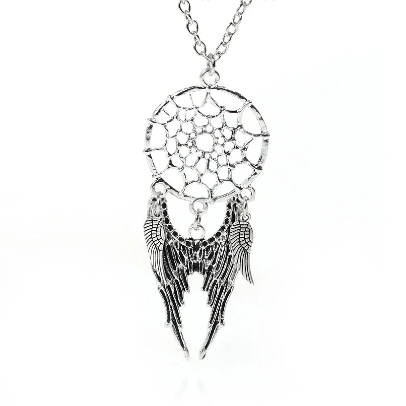 Ladies necklaces modern sleek appeal-Angel Wing Dreamcatcher Pendant Necklace